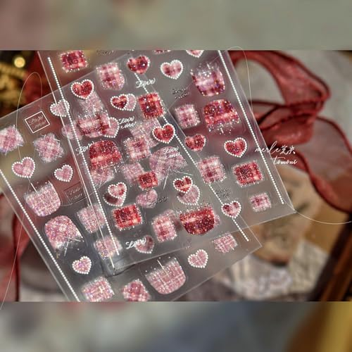 1 Sheet Valentines Day Nail Stickers for Nail Art 5D Embossed Red Heart Nail Decals Glitter Heart Nail Art Stickers Plaid Heart Nail Design French Nail Supplies for Women DIY Manicure Decoration - style: red glitter heart