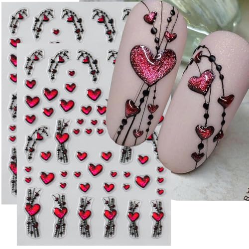 5D Valentine’s Day Nail Art Stickers 5D Embossed Pink Glitter Heart Nail Decals 2PCS Love Hearts Self-Adhesive Valentines Nail Art Decorations Supplies Heart Line Design Manicure Sliders for Women - style: glitter jelly heart line