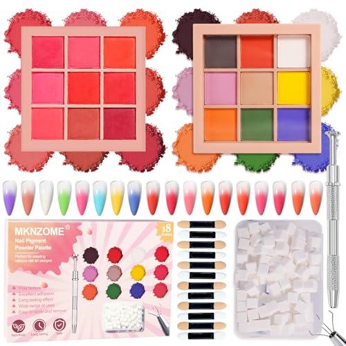 18 Colors Pigment Powder for Nails, Nail Pigment Powder Palette and Nail Art Sponges with Grabbing Pen, Ombre Aura Nail Powder Set Pigmentos para Uñas, Manicure, D+E - color: multicolored-F