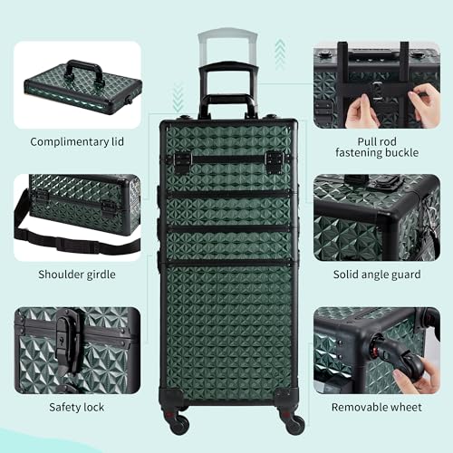 Rolling Makeup Case, Makeup Train Case with Lid, 5 in 1 Cosmetology Case on Wheels, Christmas Gift, Large Makeup Case Organizers, Profesional Cosmetic Case for Salon Barber,Black Green - color: Black Green