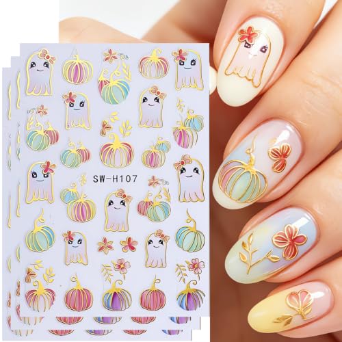 Halloween Pumpkin Nail Art Stickers Gilded Pumpkin Ghost Nail Art Decals 3D Self-Adhesive Glitter Pumpkins Nail Stickers Colorful Ghost Flower Nail Design for Women Thanksgiving Nail Supplies 3 Sheets - color: W12