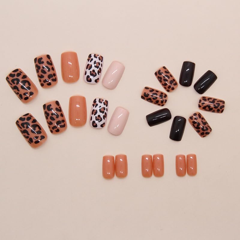 24Pcs Leopard Print Press on Nails Medium Square Fake Nails With Brown Leopard Print Fall Nude Y2K Retro Cheetah Designs Acrylic False Nails Full Cover Glue on Nails Glossy Stick on Nail For Women - color: style19