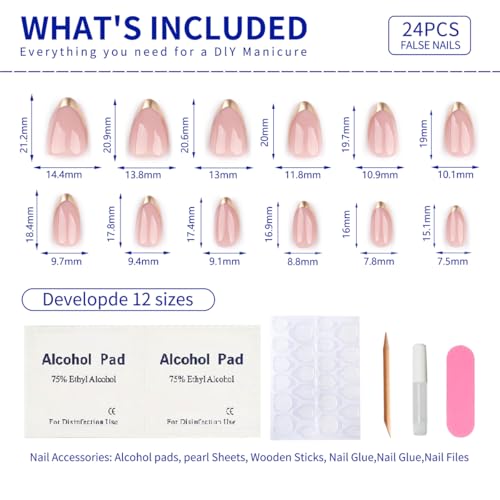 Mivota Almond Press On Nail Short, Pink Fake Nails with Elegantly Crafted Gold French Tips, Glossy Gel Finish, Thick Natural Reusable Glue On Nails Kit for Women 24Pcs, Golden Chic - color: 06-Fashionable Phnom Penh