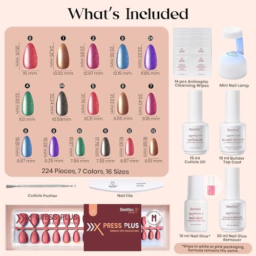 Beetles Cat Eye Nails Kit - 7 Colors Medium Almond Press On Nails, 224 Pcs - color: D - Midnight CatEye - M