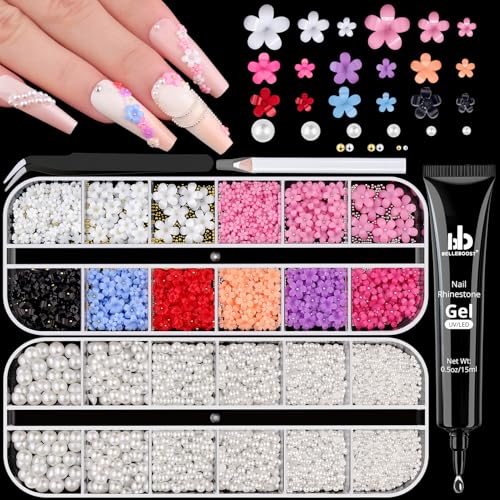 Flatback White Pearls and 3D Flowers for Nails Caviar Nail Beads with Glue - color: 10 2 Boxes Nail Art Decos Set 29+Glue
