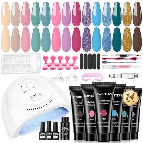JEWHITENY Poly Gel Nail Kit 14 Colors - Yellow Nude Pink Blue Purple Glitter Tones Starter Kit with UV Lamp Base & Top Coat All-in-One Gift for Women Need U V Light Curing - color: F03