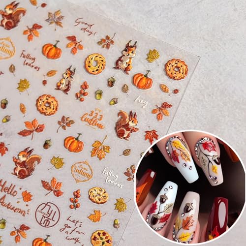 Fall Nail Art Stickers 5D Embossed Leaves Nail Sticker Autumn Squirrel Pine Cones Fallen Leaves Design Nail Decals Maple Leaf Manicure Stickers Accessories for Women DIY Nail Art Decorations - style: Squirrel Pine Cones