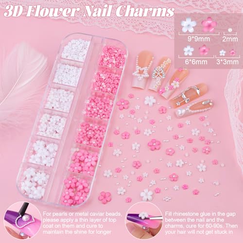 Nail Beads and 3D Flowers Nail Charms for Nails Flatback Pearls Gems - color: 13 2 Boxes Nail Art Decos Set 8