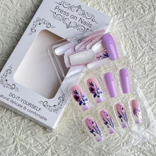 Flower Press on Nail Long Square Fake Nails with Purple Pink Gradient Stick on Nail designs Acrylic Press ones Glossy Full Cover 3D False Nails Reusable Glue on Nails for Women 24pcs - color: styles36
