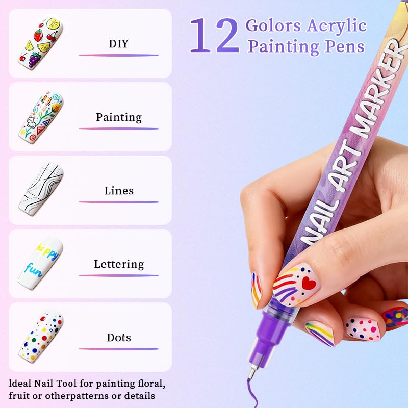 12 Colors Nail Art Pens Set – 3D Nail Art Marker & Polish Pens with Fine Liner Brush for Drawing, Painting & DIY Manicure Designs, Nail Art Beauty Tools Kit (1 Set)