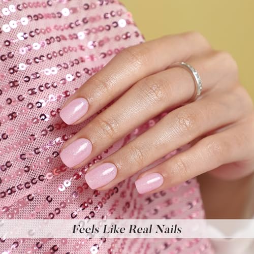 SHANGMENG Press on Nails, Square Short Pink Glitter Fake Nails, Soft Gel - color: Pink Sugar Cube