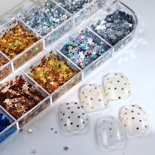 1 Box 12Grids Holographic Star Nail Glitter Tiny Stars Nail Sequins 3D Nail Flakes Laser Ombre Glitter Flakes Gold Silver Blue Black Star Nail Art Glitter Shiny Nail Sequins Glitter for Nails Art - color: Color 12