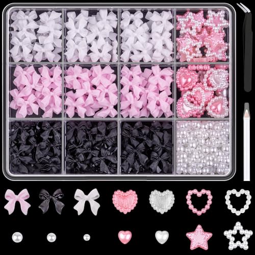 600 Pcs 3D Nail Bow Charms and Flatback Pearls Nail Charms Set 3 - color: Set 3- Pink&White&Black A Style