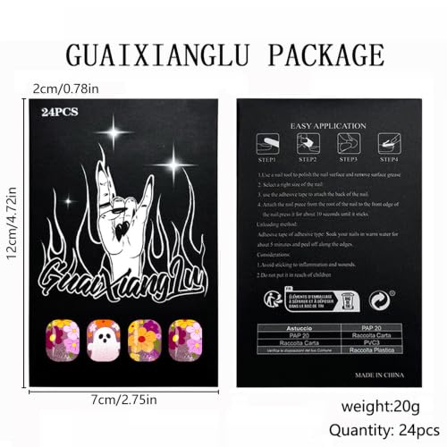 Halloween Press On Nails, Short Square Ghost Floral Design, Purple - color: style 03
