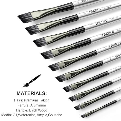 Nicpro 10 PCS Angular Paint Brush Set for Acrylic, Watercolor, Oil, Gouache - size: 10PCS - Angular