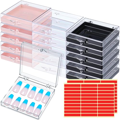 Landhoow 15 Pcs Press on Nail Box, Acrylic Display Case,Clear, Black, Pink - color: Clear, Black, Pink