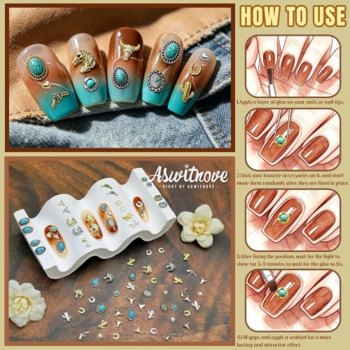 61 Pcs Western Turquoise Nail Charms 3D Metal Cowboy Cowgirl Nail Gems Charms Turquoise Bull Head Horseshoe Western Charm Stickers for DIY Nails Art Phone Case Crafts Rodeo Concert Outfits S - color: Gold and Silver 64pcs