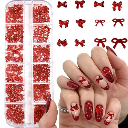 12Grid Bow Nail Charms 3D Red Bowknot Nail Art Rhinestone Design Nail Supplies Cute Nail Art Charms Mini Nail Bows Accessories for Women Manicure DIY Jewels Decoration - color: Rhinestone 02