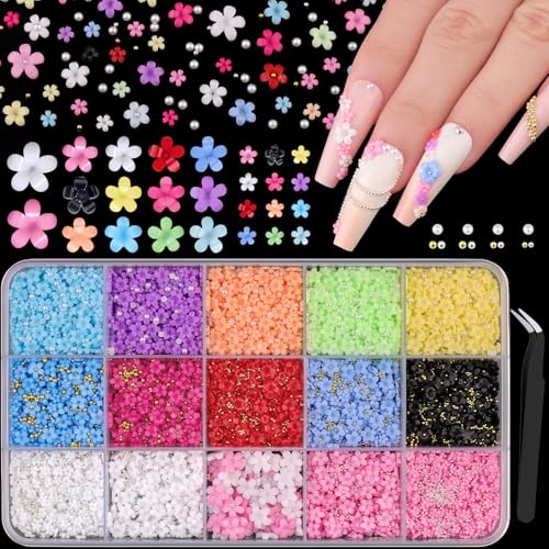 3D Flower Nail Charms for Nails Art, Cute Colorful Acrylic Nail Flowers - color: 19 15 Grids Nail Art Decos Set 1