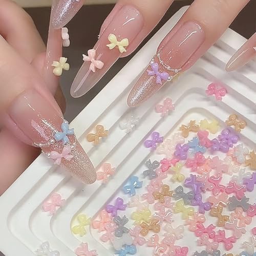 100PCS Cute Bow Nail Art Charms Colorful 3D Bowknot Charms for Nails Resin Flat Back Nail Jewelry Accessories Bowknots Mini Nail Supplies (Bow) - color: Bow