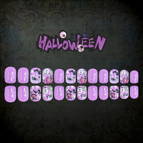 Halloween Press on Nails Short Square Fake Nails Purple Nails Press Ons with Ghost Bat Pumpkin Designs Acrylic Nails Full Cover Glossy Stick on Nails Cute Bat Glue on Nails for Women 24Pcs - color: Purple-7