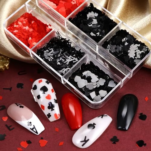 1 Box 2 Color Holographic Poker Nail Glitter Red Black Peach Hearts Nail Sequins 3D Letter Nail Flakes Sparkly Powder Flakes Shiny Nail Glitter Alphabet Nail Sequins Glitter for Nails Art 6 Grids - color: Color 16
