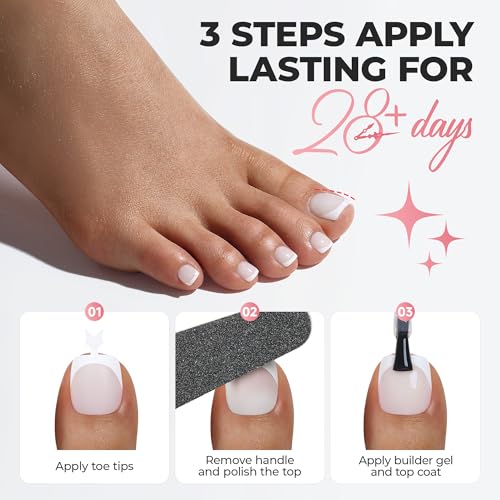 UNA GELLA French Press On Toenails Milky White With White Tip Square Round, 15 Sizes Pre-Etched Squavol Toenail Press Ons for Women, 150PCS Toenail Extension for Home DIY Salon Pedicure Summer Gift