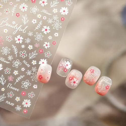 1 Sheet Flower Nail Art Stickers Floral Daisy Nail Decals Pink White Cute Daisy Small Flower Spring Summer Nail Design Daisy Floral Manicure Nail Supplies for Women DIY Nail Decorations Accessories - style: pink daisies