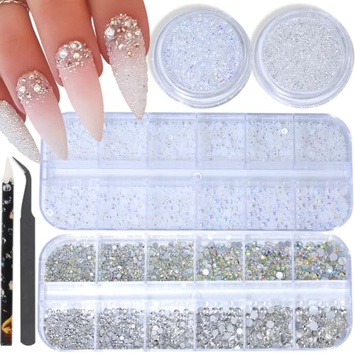Nail Rhinestones Pearls - Nail Charms for Acrylics, Flatback, Half Rounds, 4 Boxes, Crystals Gems, with Kit, for DIY Nail Art Decor - color: Nail Rhinestones Pearls