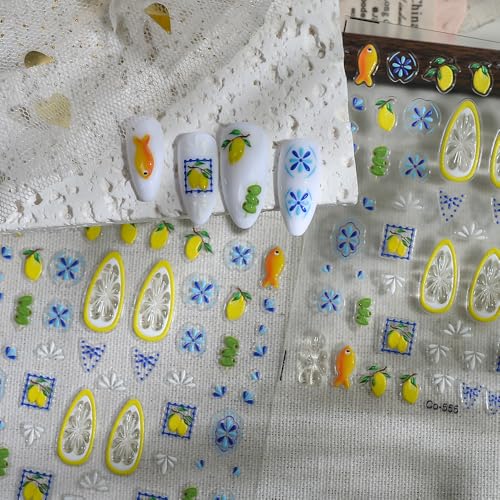 1 Sheet Bohemian Nail Stickers 5D Embossed Lemon Nail Decals Summer Fruit Nail Design Small Fish Nail Art Stickers Beach Nail Accessories Boho Style Blue Floral Nail Supply for Women Manicure DIY - color: Bohemian