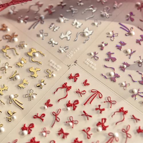 1 Sheet Embossed Bow Nail Art Stickers Pearl Bowknots Nail Art Stickers 5D Self Adhesive Bow Tie Nail Decals Red Mix Shape Bow-Knot Design Manicure Supplies for Women Nail Art Decorations Accessories - style: pearl red bow