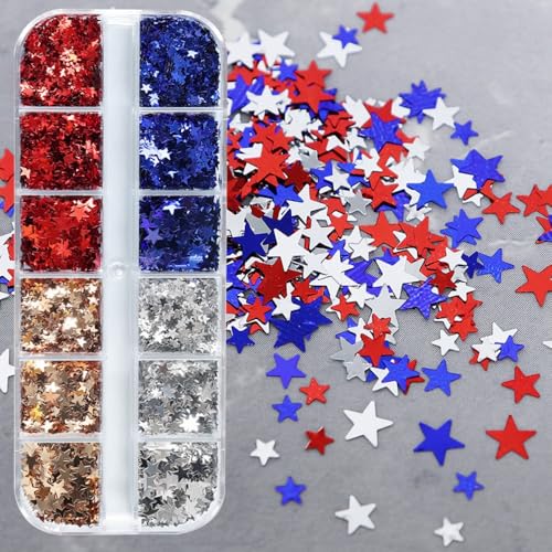 1 Box 4 Color Holographic Star Nail Glitter Gold Silver Nail Sequins 3D Red Blue Nail Flakes Sparkly Glitter Flakes Shiny Nail Glitter Independence Day Nail Sequins Glitter for Nails Art 12 Grids - color: YHN11