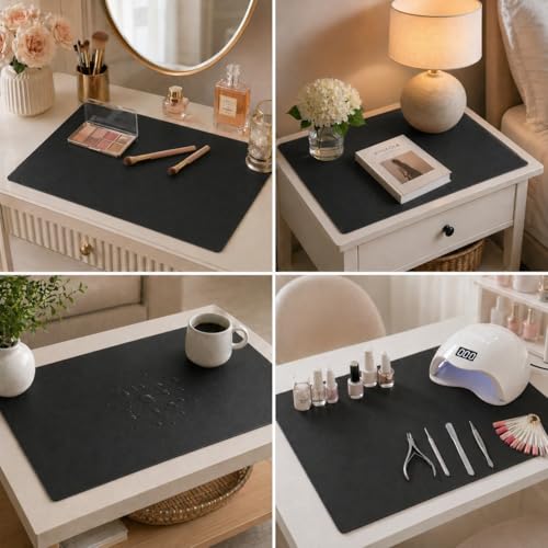 Leather Nightstand Mat for Bedside Table, Waterproof Vanity Desk and Nail Table Mat, Non-Slip Dresser Top Cover for Makeup, Perfume and Daily Essentials(Black, 23.6"*15.7") - color: Black, size: 23.6" x 15.7"