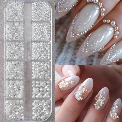 1 Box Flatback White Half Round Pearls 3D Nail Charms Nail Jewelry Crafts Accessories Pearl Gem Rhinestones for Women Acrylic Nails Supplies Manicure Decorations DIY Accessories - color: White Pearl