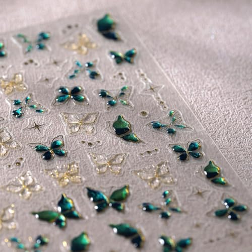 Butterfly Nail Stickers 5D Embossed Gold Green Butterfly Nail Art Sticker Self Adhesive Nail Decals Summer Nail Art for Women Manicure Supplies Nails Art Decorations - color: Style-23