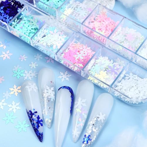 1 Box 12 Color Holographic Snowflake Nail Glitter Laser Ombre White Nail Sequins 3D Blue Nail Flakes Sparkly Glitter Flakes Shiny Nail Art Glitter Winter Christmas Nail Sequins Glitter for Nails Art - color: YHN17