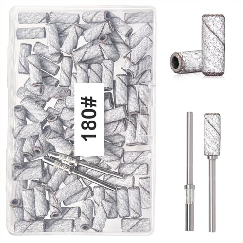Small Sanding Bands for Nail Drill, 100pcs Mini Bands 180 Fine Grit Nail File Sanding Bands with Upgrade 2pcs 3/32'' Mandrels Bits, for Acrylic Nail Gel Removal, Plastic Polishing Manicure, White - size: 100Pcs 180 Grit-White
