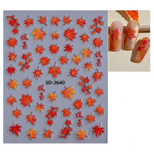 6Sheets Fall Nail Stickers Red&Gold Maple Leaf Design - color: Red & Gold