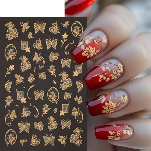 8 Sheets Fall Nail Art Stickers Maple Leaf Nail Decals 3D Self-Adhesive Glitter Gold Flower French Butterfly Nail Design Nail Supplies Thanksgiving Holiday Nail Art Decoration for Women Manicure Tips - style: maple leaf