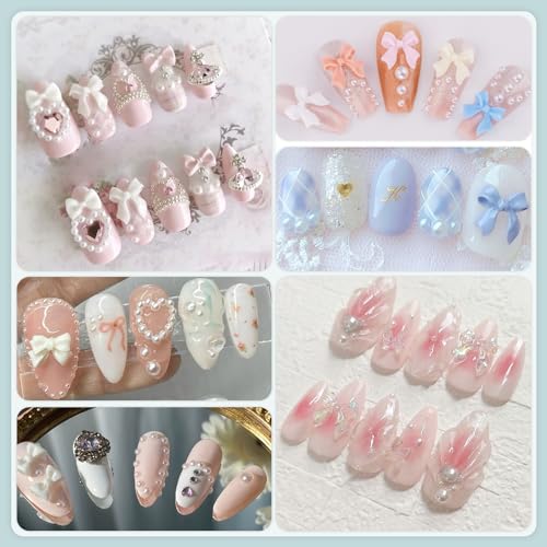 600 Pcs 3D Nail Bow Charms and Flatback Pearls Nail Charms Set 11 - color: Set 11- 8 Colors