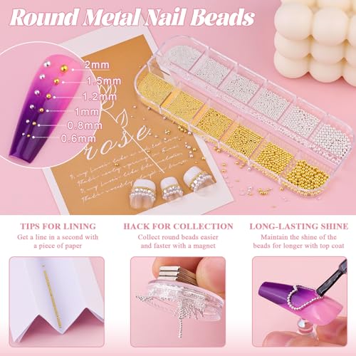 Silver Gold Nail Beads and Flatback Pearls for Nails Beige White Nail Pearl - color: 01 2 Boxes Nail Art Decos Set 1