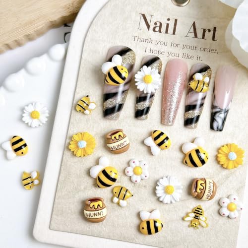 150Pcs Cartoon Bee Nail Charms for Nail Art Cute Flower Nail Charms Five Petal Bee Honey Jar Resin Nail Art Charms Sunflower Bees-Themed Nail Accessories Daisy Nail Supplies for Women Acrylic Nails - color: yellow