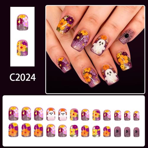 Halloween Press On Nails, Short Square Ghost Floral Design, Purple - color: style 03