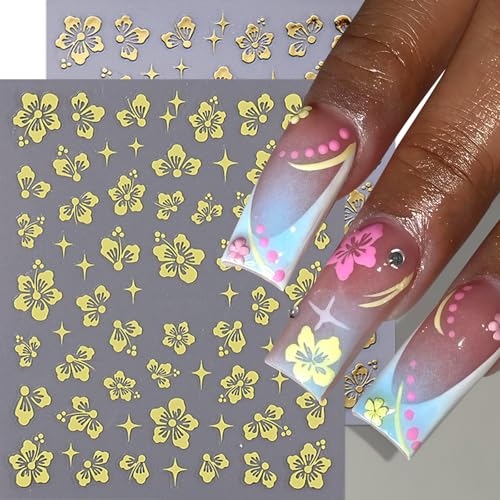 10 Sheets Hibiscus Flower Nail Stickers for Nail Art Petal Floral Nail Art Decals 3D Self-Adhesive Pink Blue Gold Silver Hibiscus Nail Design Pegatinas Uñas for Women DIY Manicure Decor Accessories - style: hibiscus flower