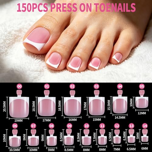 YGDZ 300PCS Press On Toenails & French Tip Press on Nails Kit, Short Press on Nails Square Fake Nails Toe, White French Tip Nail Tips Stick on Toenails for Women, 15 Sizes - color: White French