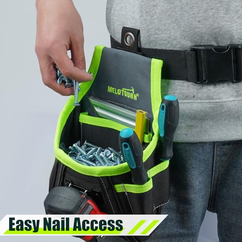 MELOTOUGH Nail and Screw Organizer Bag for Electricians and Carpenters, Tool Belt Pouch with Belt Clip, Heavy Duty Work Fastener Pouch - color: Reflective Green