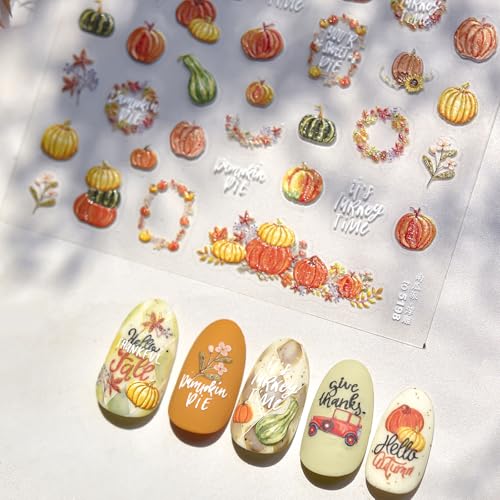1 Sheet Fall Nail Stickers 5D Embossed Maple Leaves Nail Stickers for Nails Thanksgiving Day Pumpkin Nail Decals Fall Leaf Garland Nails Supplies Autumn Leaves Pumpkin Design Sticker for Women - style: thanksgiving pumpkin