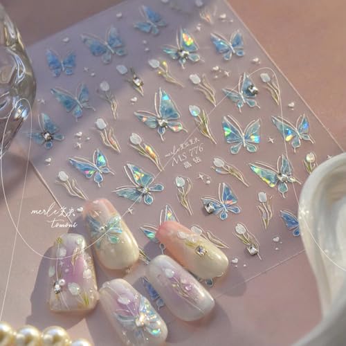 5D Embossed Blue Butterfly Nail Art Stickers with Silver Glitter Rhinestones Nail Decals Design Laser Flower Nail Stickers Spring Summer Nail Design Supply Cute Nail Art Supplies for Women Manicure - style: 5D Embossed Nail Stickers-8