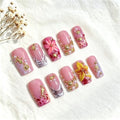 Press on Nails Medium Coffin Pink 3D Flower Handmade False Nalis - color: style18
