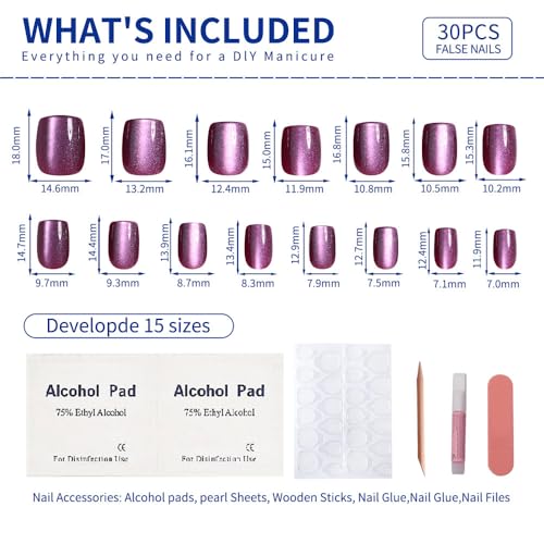 Plum Purple Press On Nails Square – Short Cat Eye Fake Nails with Color-Shifting Glow, Glossy Gel Acrylic Nails 15 Sizes, 30 Nails, Thick Reusable Glue On Nails for Daily Wear & Women Gifts - color: M12-Plum-Purple